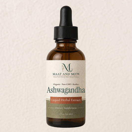 Organic ashwagandha tincture in amber glass dropper bottle – Maat and Moon